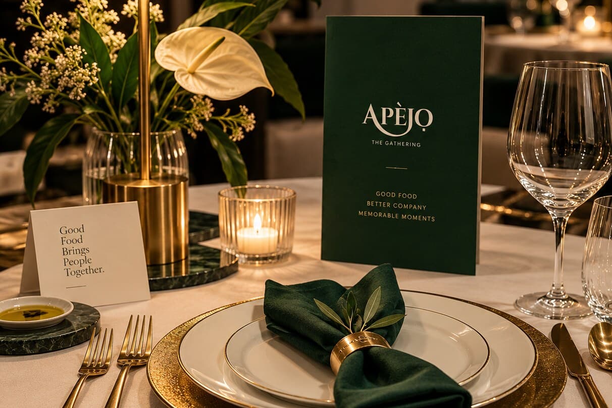 A dressed dining table with flowers, candles and an Apèjọ menu