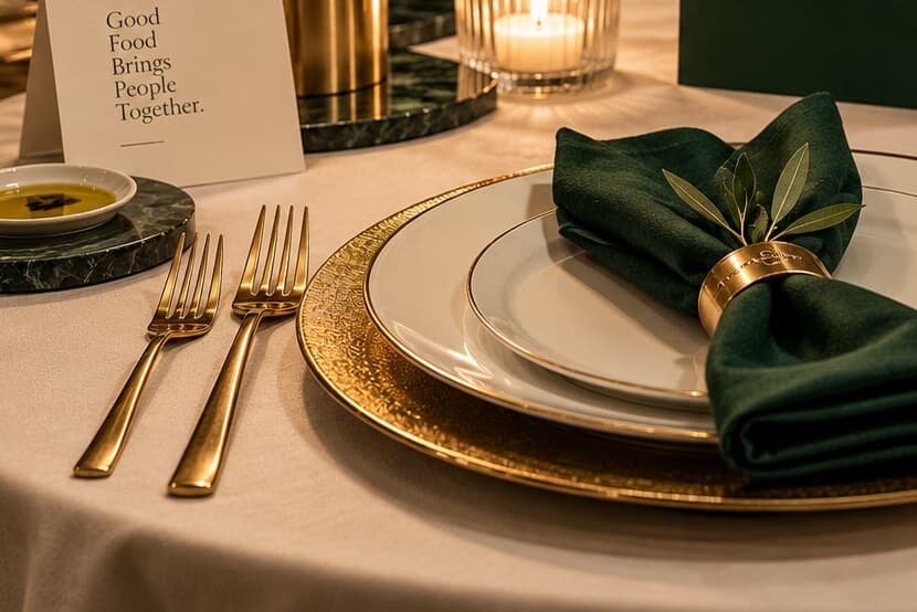 Gold cutlery and a green napkin on a set table